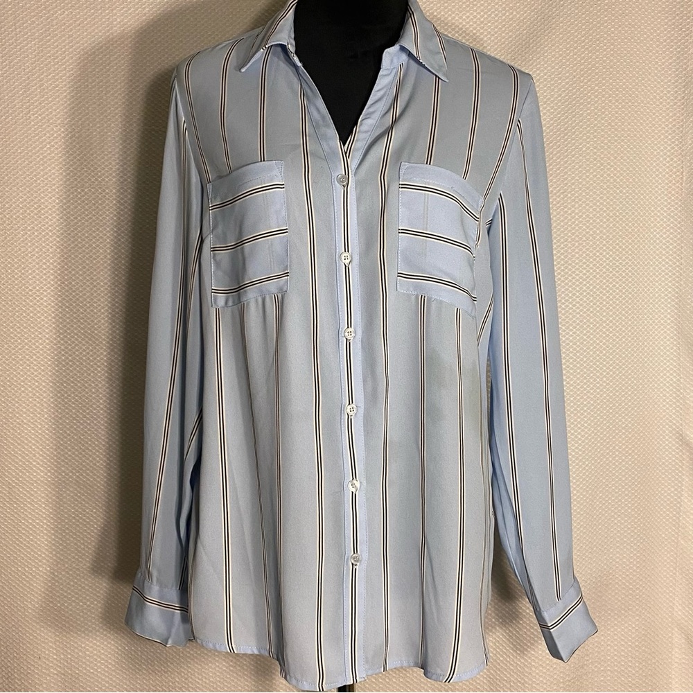 PHILOSOPHY brand light blue long sleeve blouse with black strips size L